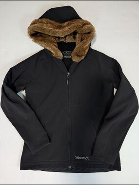 Marmot Furlong Softshell Fitted Jacket Faux Fur Trim Hood Black Women's Size, M